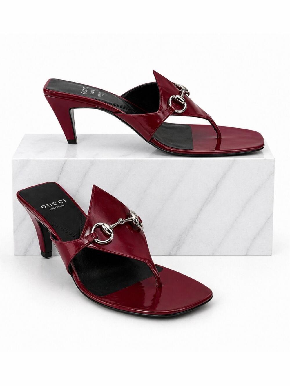 Gucci Mariame Horsebit Leather Thong Sandals Kitten Heel Red Size 36.5